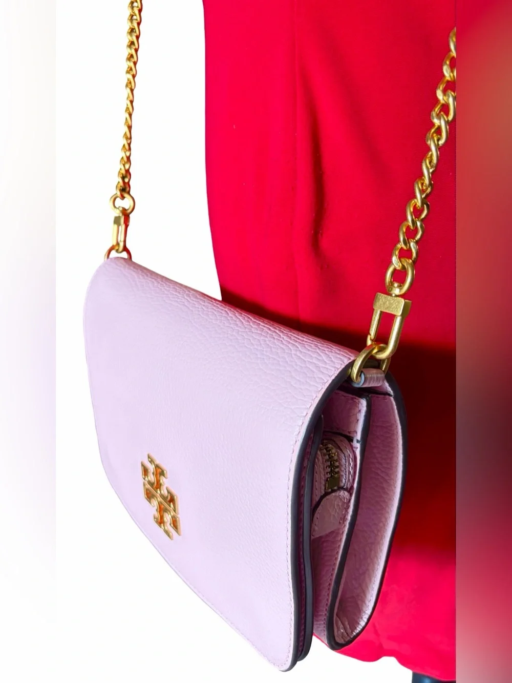 Tory Burch Britten Convertible Leather Shoulder Bag Crossbody Pink Big Gold Logo